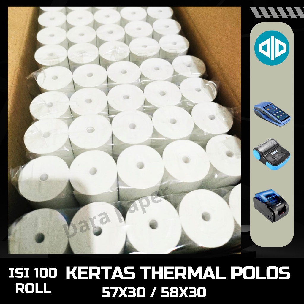 

100 ROLL KERTAS THERMAL POLOS 57X30 / 58X30