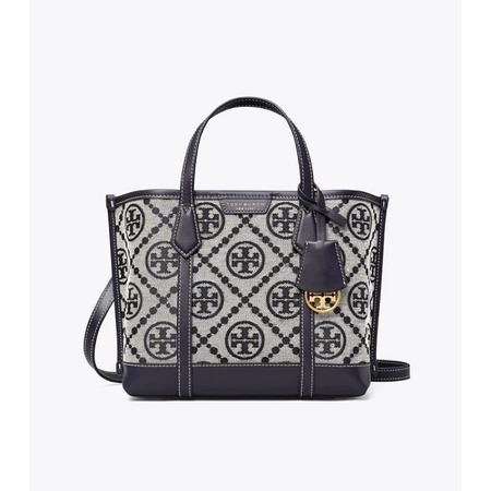 TORY BURCH Perry T Monogram Small Triple Compartment Tote Navy