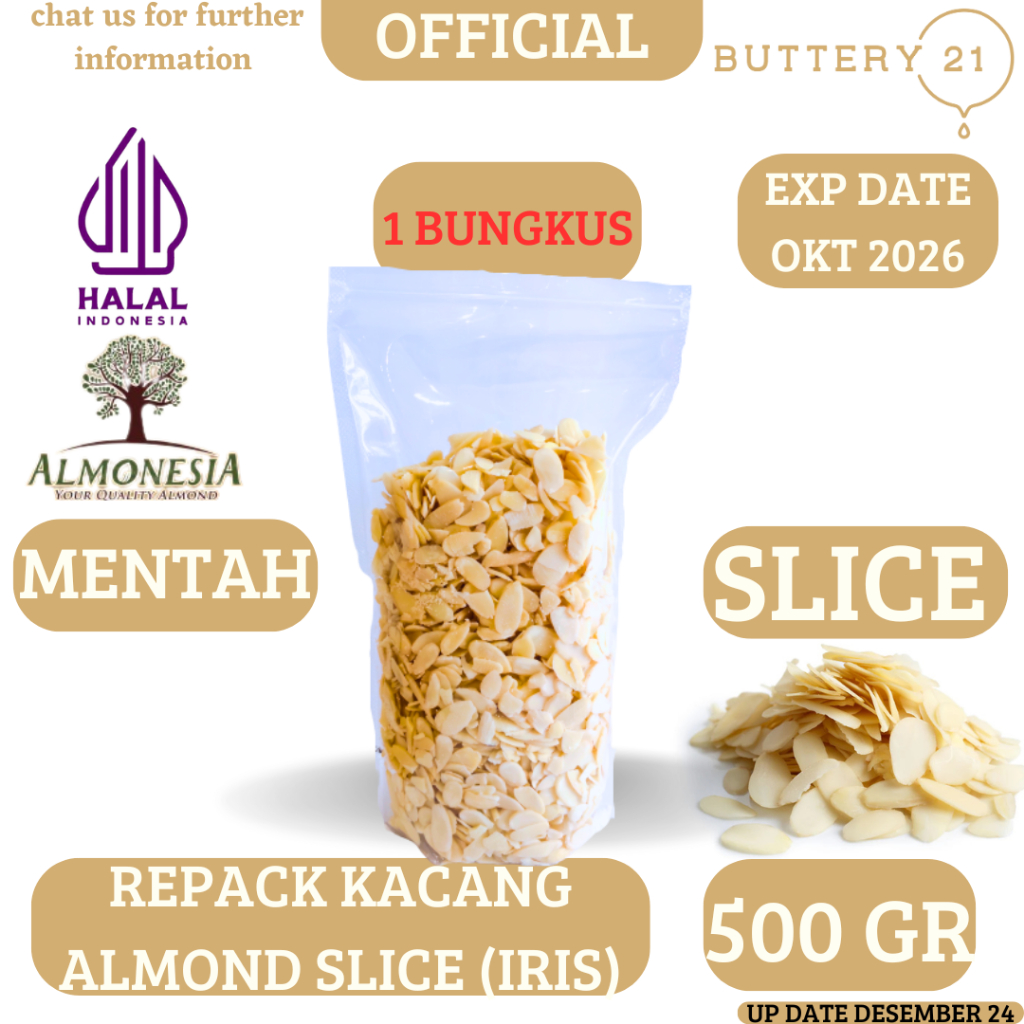 

KACANG ALMOND SLICE 500 GR, 100 GR/KACANG ALMOND IRIS/RAW MENTAH/REPACK KAN DARI ALMONESIA DUS