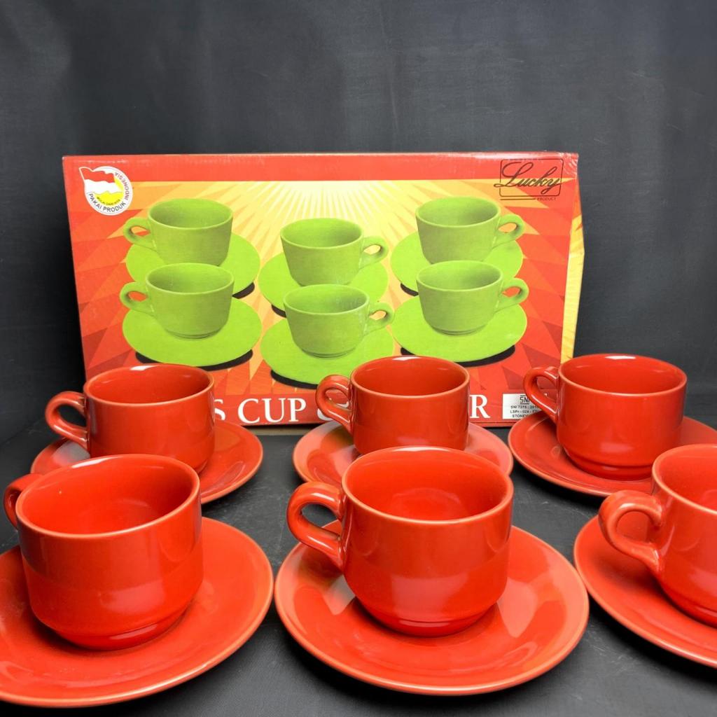 Set Cangkir Keramik Cup Saucer Lucky Isi 12 / Cangkir Kopi Teh / Cangkir Set Lepek