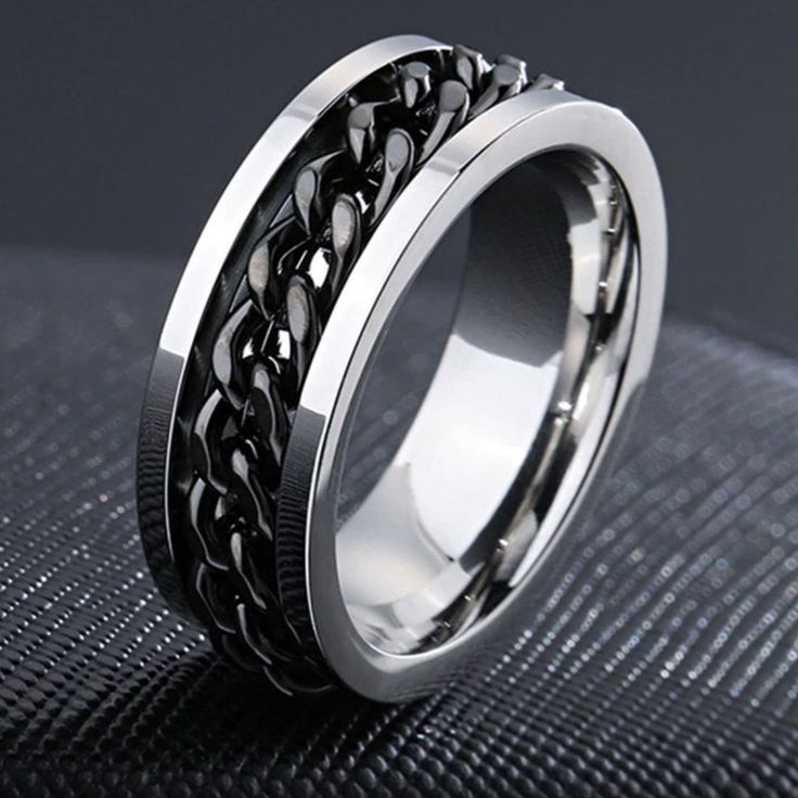 cincin titanium silver rantai tengah hitam pria terbaru - cincin pria keren anti karat/cincin rantai