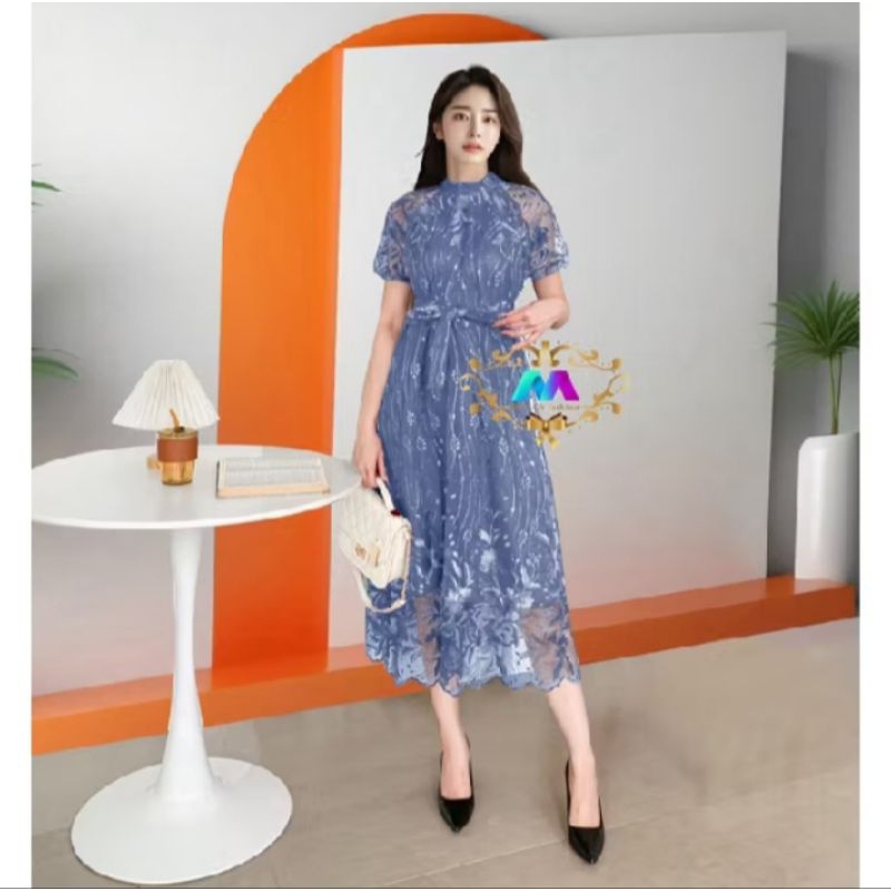 Dress Annabelle - Midi Dress Pesta Brukat Tile Mutiara Terbaru - Baju Wanita Kondangan Brokat Lengan