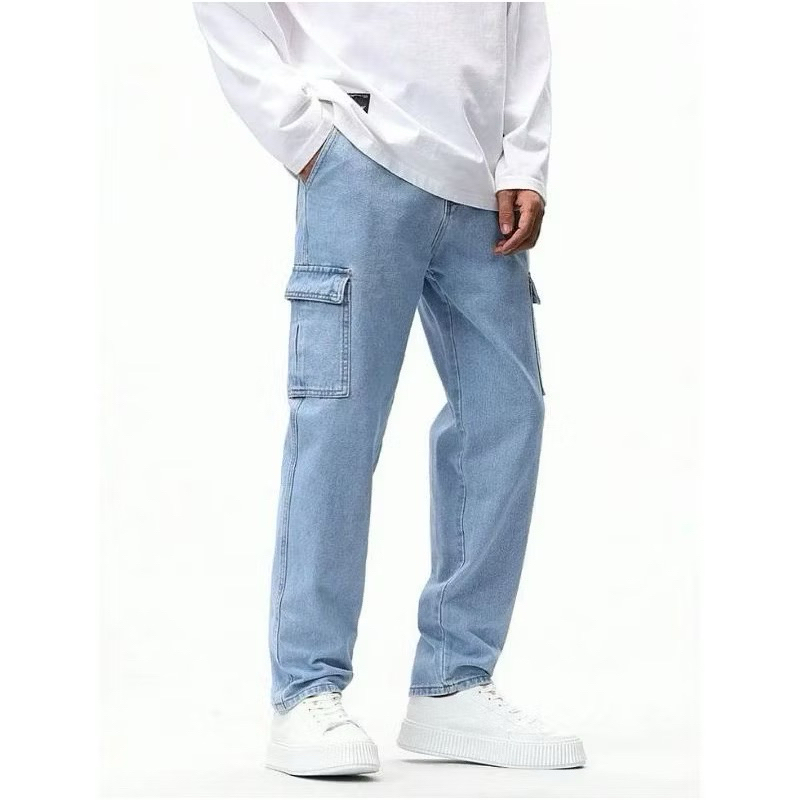 celana cargo panjang pria gombrong Korean style loose cargo pants blue jeans kulot pants denim cowok