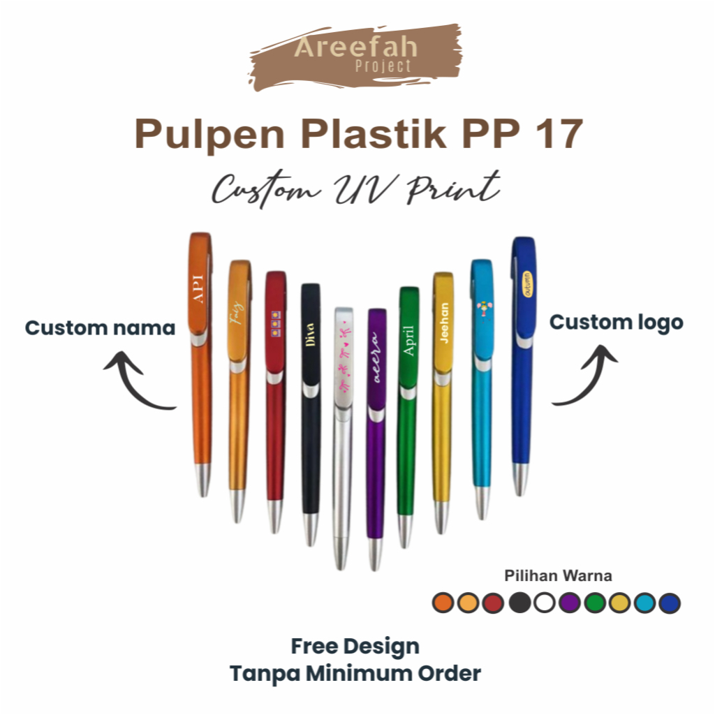 

AREEFAH/PULPEN PLASTIK PP 17 CUSTOM LOGO DAN TULISAN ADA BANYAK PILIHAN WARNA UV PRINT