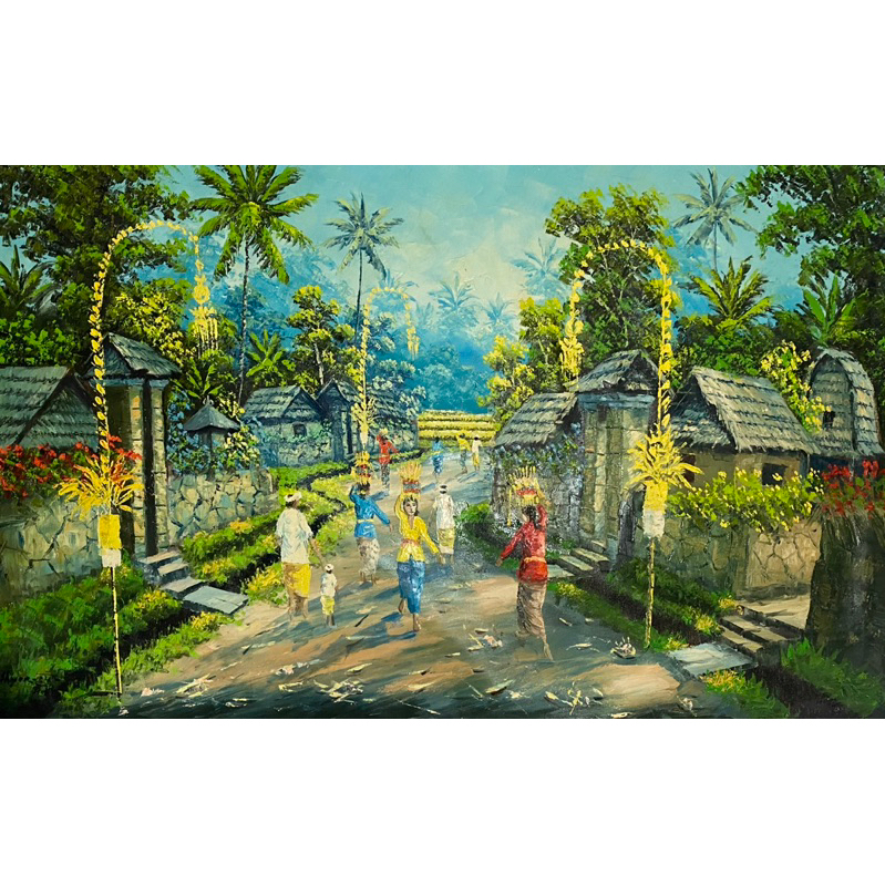 lukisan pemandangan kampung bali , ukuran 135 X 85
