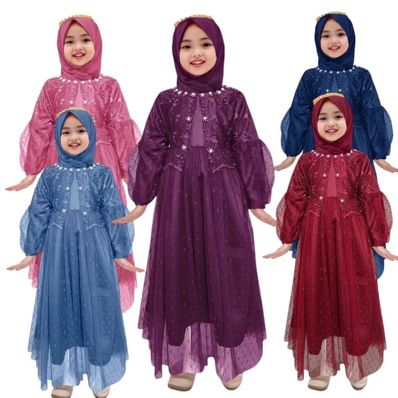 LINA - Gamis baju dress brukat anak perempuan  2 3 4 5 6 7 8 9 10 11 tahun/baju pesta anak cewe bruk