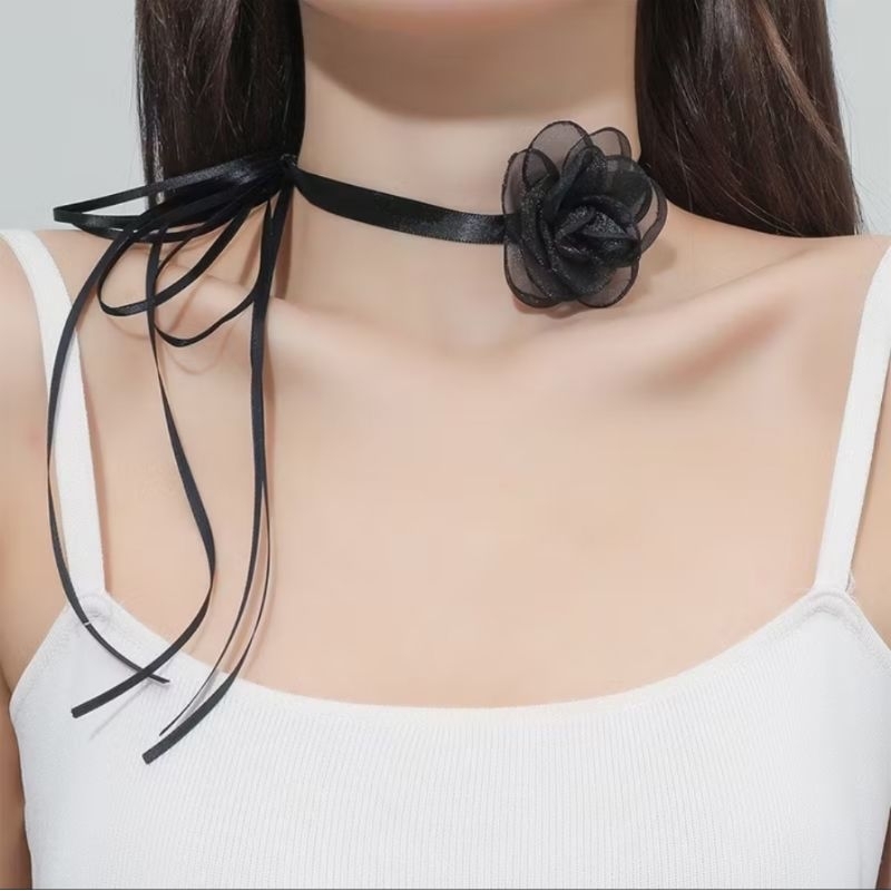 Kalung Choker Hitam / Kalung Choker Gaya Korea / Choker Mawar Hitam / Velvet Choker Necklace
