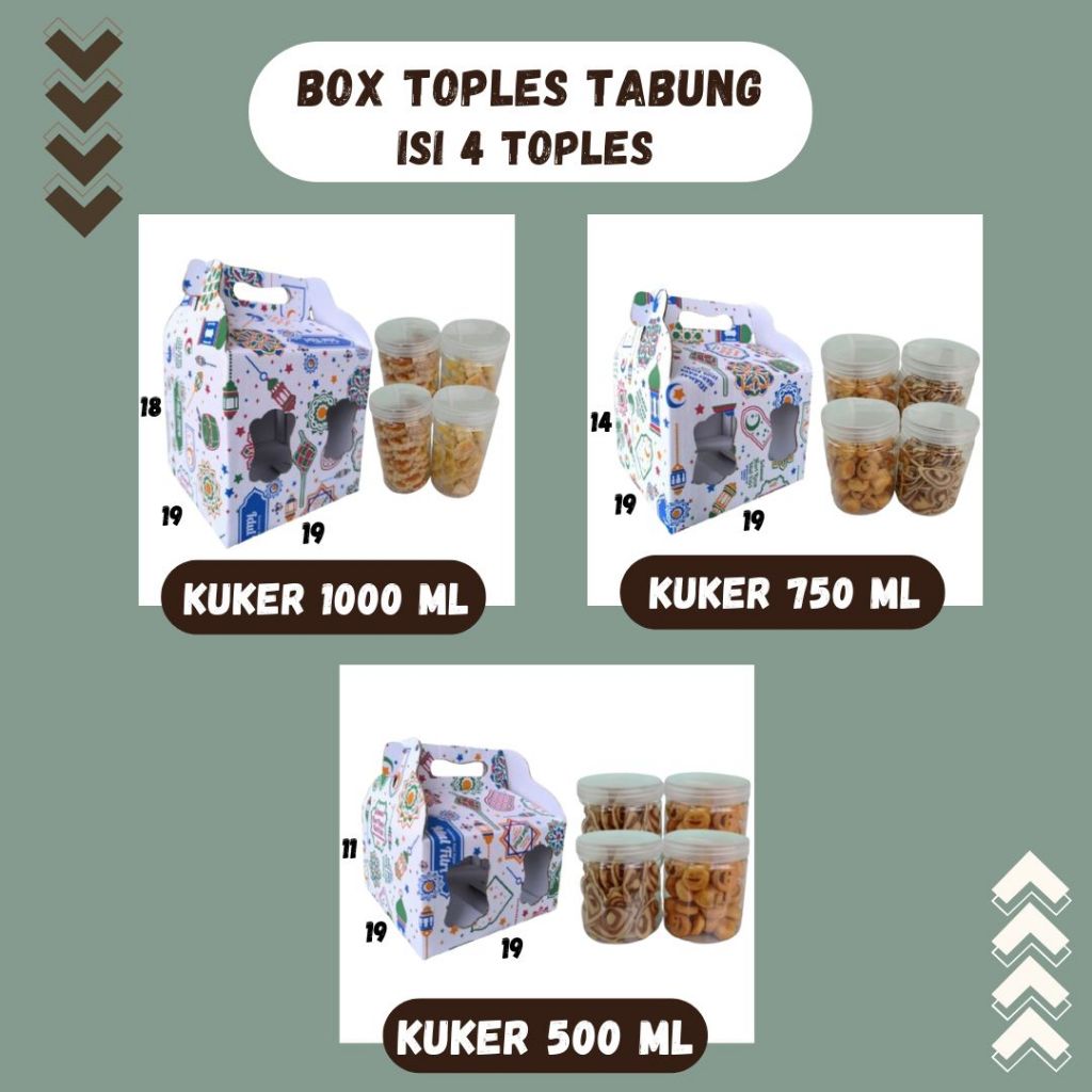 

Box Kuker Jar Isi 4 19x19x18 / 19x19x14 / 19x19x11 Jinjing Jar 1000ml/750ml/500ml Box Jinjing Kardus Lebaran Idul Fitri Hampers Polos/Motif/Box Hampers Ied Mubarak