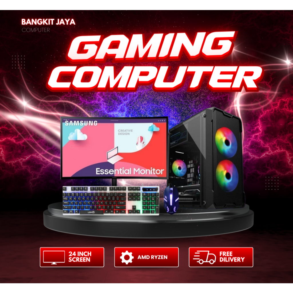 PC Gaming Fullset AMD RYZEN 5 3400G RAM 16GB SSD HDD Monitor 24 Inch komputer gaming fullset