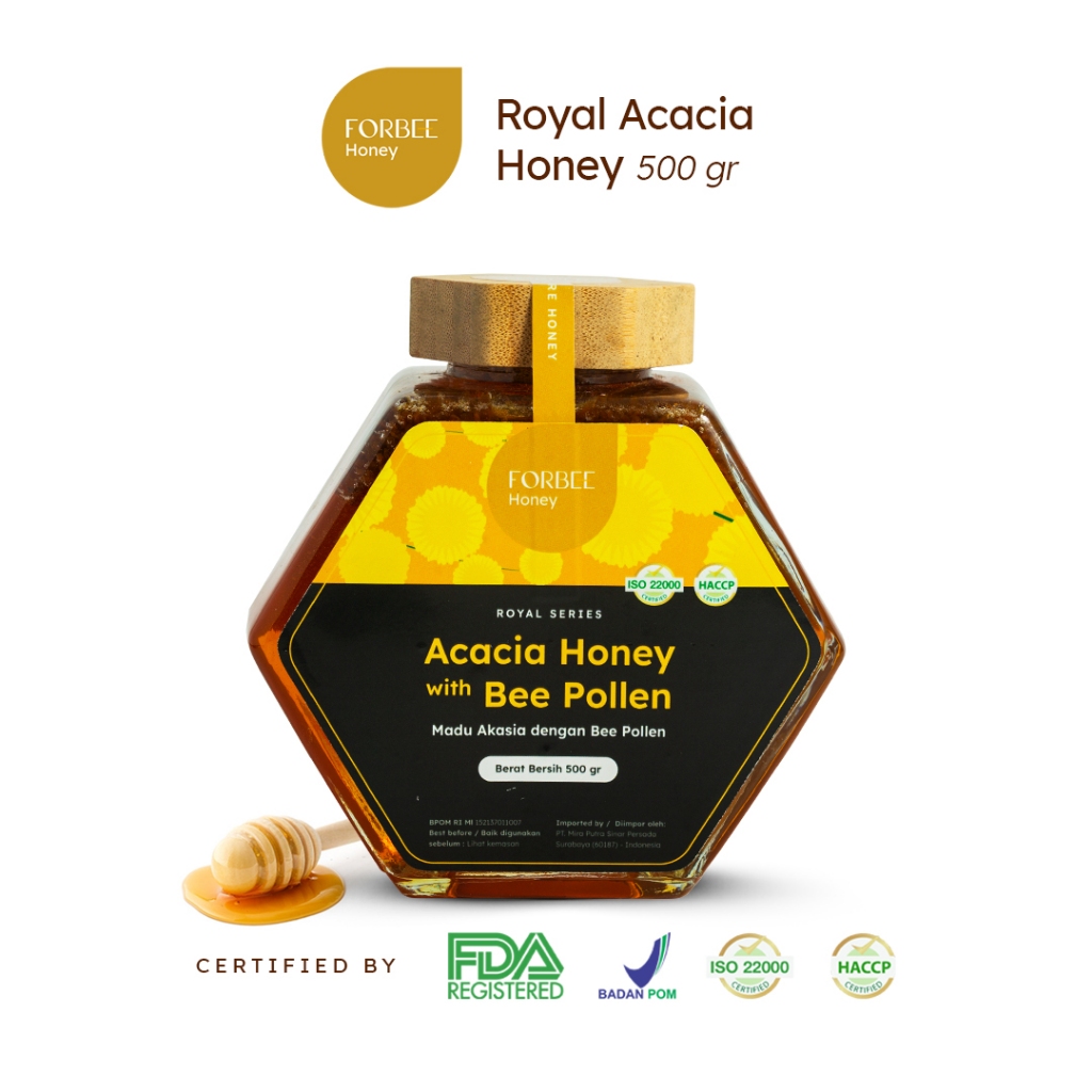 

Madu Royal Acacia Honey with Bee Pollen 500/450gr Forbee | Vitamin Rambut Rontok dan Kering | Suplemen Otak