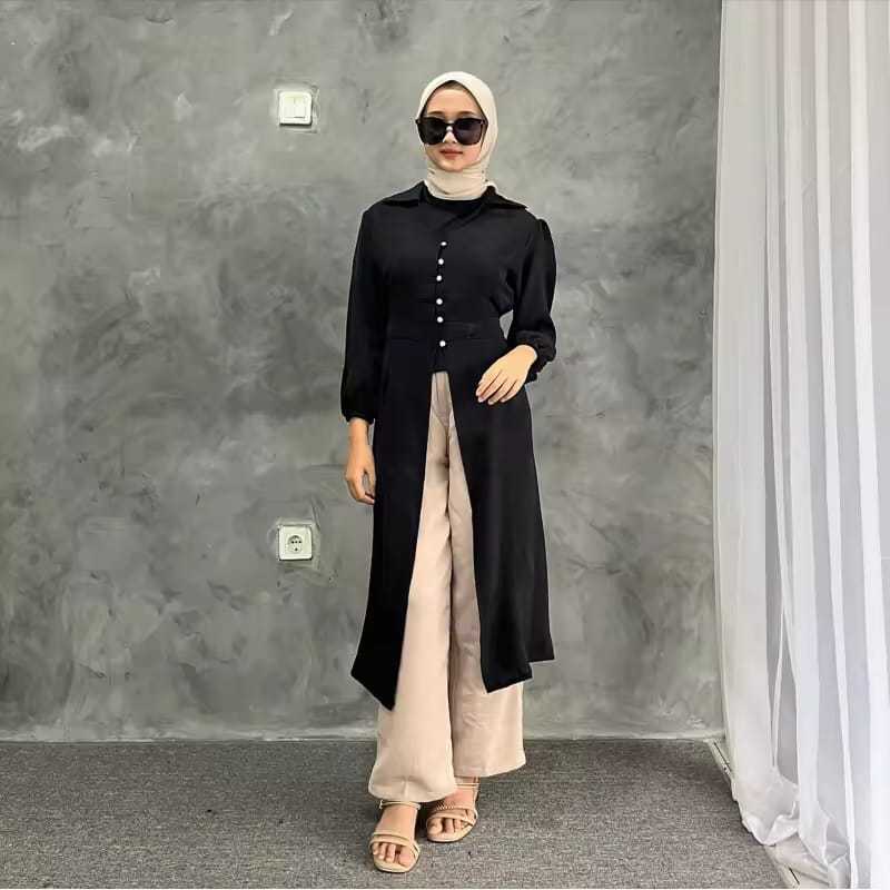 Ayana Tunik Outer Atasan Wanita Polos Kerah Kemeja Kerut Belakang Kancing Aktif Lengan Karet Polo Li