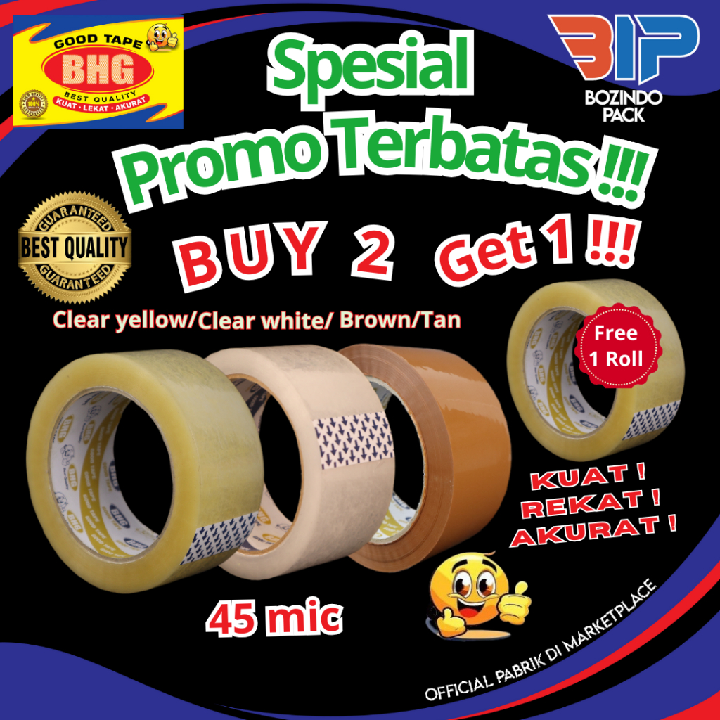 

Lakban BHG Good Tape OPP 45mm Beli 2 Roll Bonus 1 Roll Lakban Bening Clear White 45 Mic