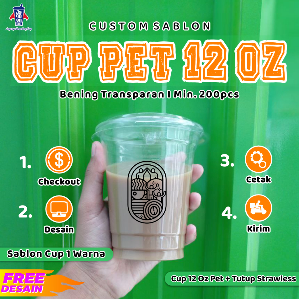 Sablon Gelas Cup Pet 12 Oz Datar / 14 Oval +Tutup Lid Strawless / Cup Coffee