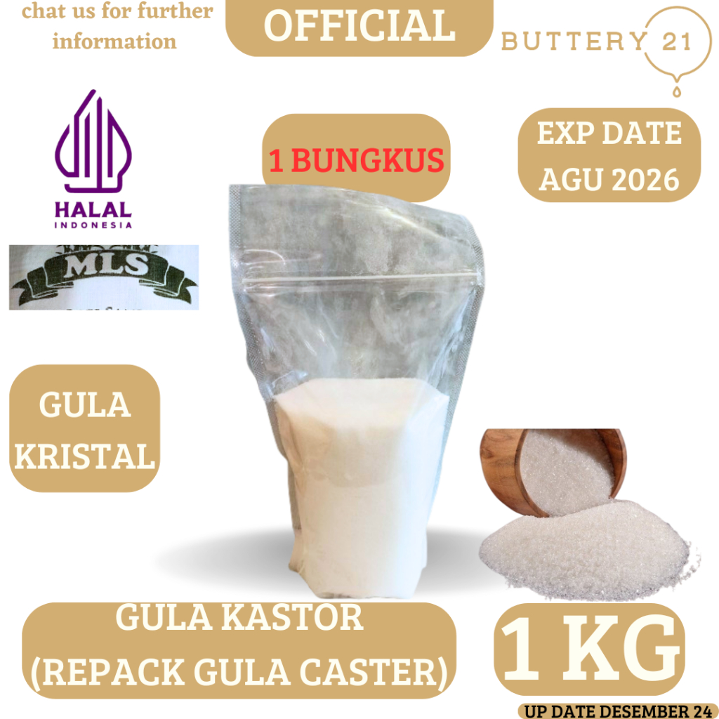 

CASTER SUGAR 1 KG/GULA KASTOR /GULA KASTER/GULA PASIR HALUS/REPACK 1 KG