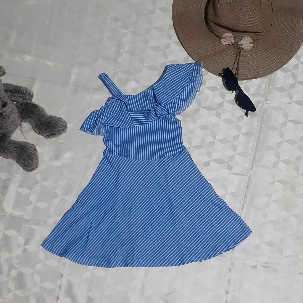 Gaun / One Piece Sabrina cantik ZARA Kids Garis-garis Biru Putih Ukuran 5 Umur 4-6 th - Dress Sleeve