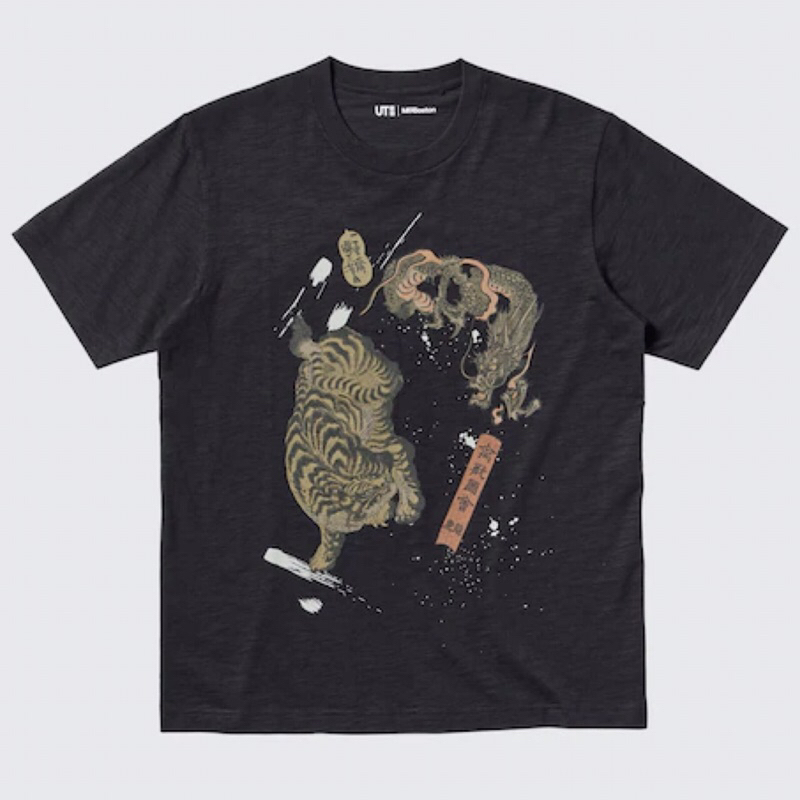 UNIQLO Men UT T-Shirt Kaos Pria Grafis Ukiyo-E Lengan Pendek Black