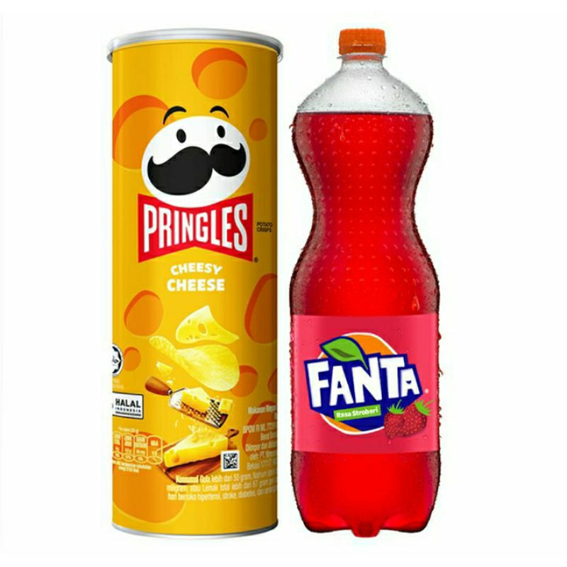 

PaketPaket Pringles Keripik Kentang Keju Cheesy Kaleng 102 g & Fanta Minuman Soda Rasa Stroberi Botol 1L