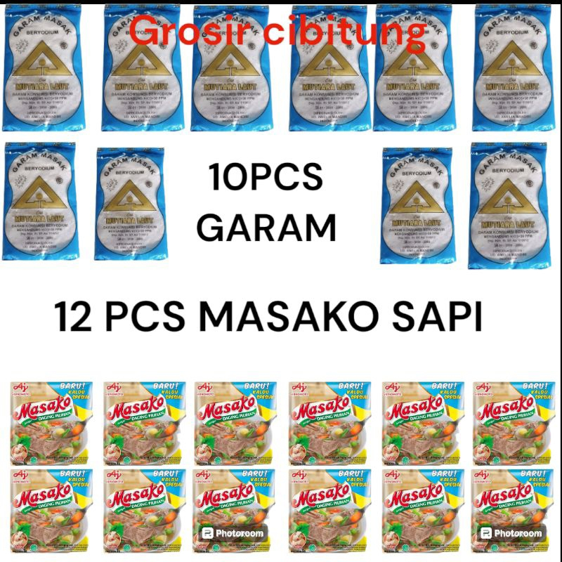 

Paket hemat 10 pcs garam + 12 pcs MASAKO SAPI kemasan 8 gr / masako 8 gr murah bisa cod garam dapur beryodium