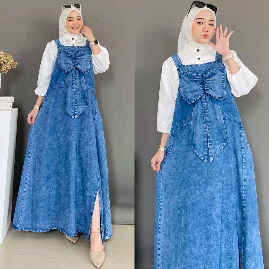 Gamis Overall Jeans Pita Kupu Wanita Baju Kodok Wanita Korean Style