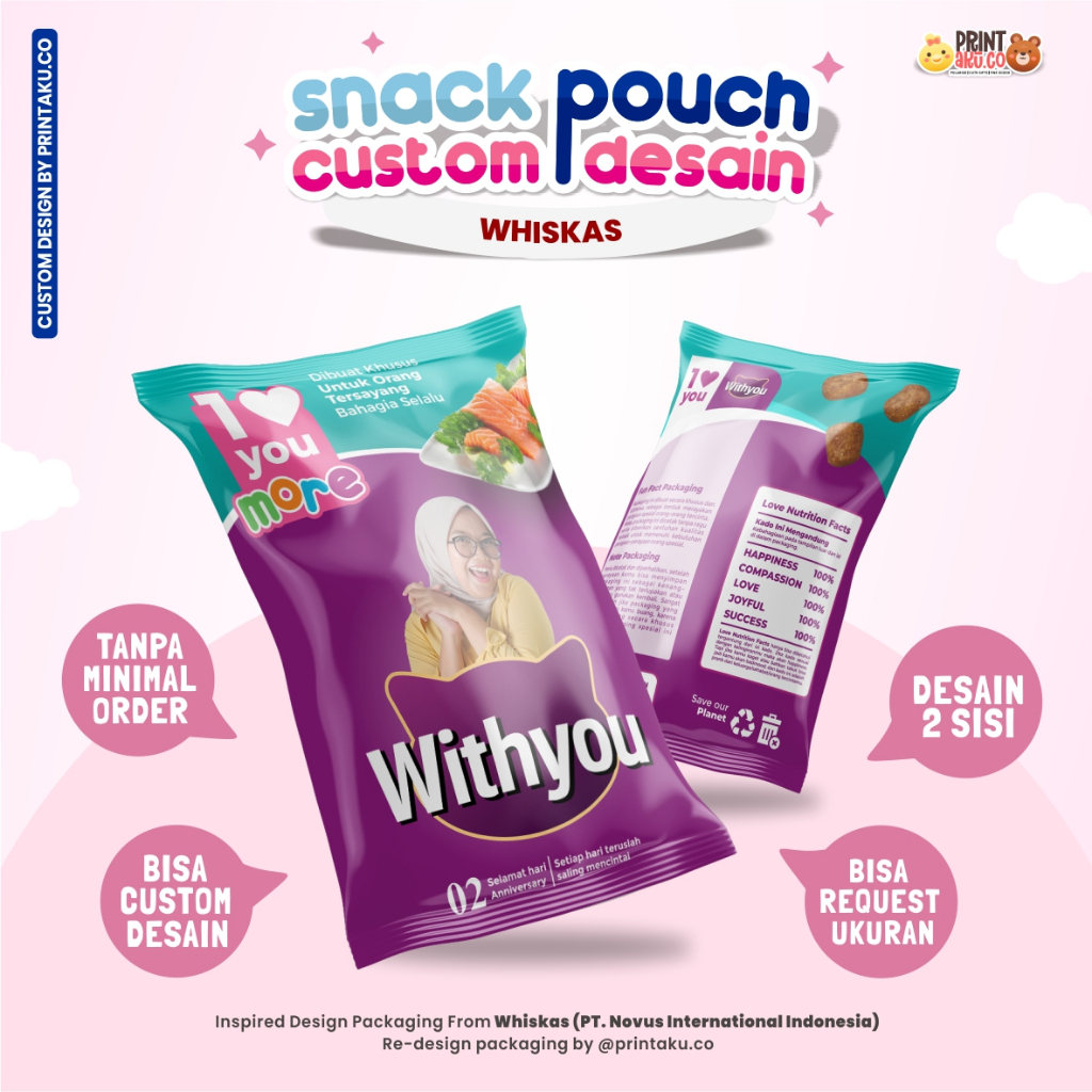 

Bungkus Kado Custom | Snack Custom Foto Teks Bungkus Kado Pouch Jumbo | Series Whiskas Ungu