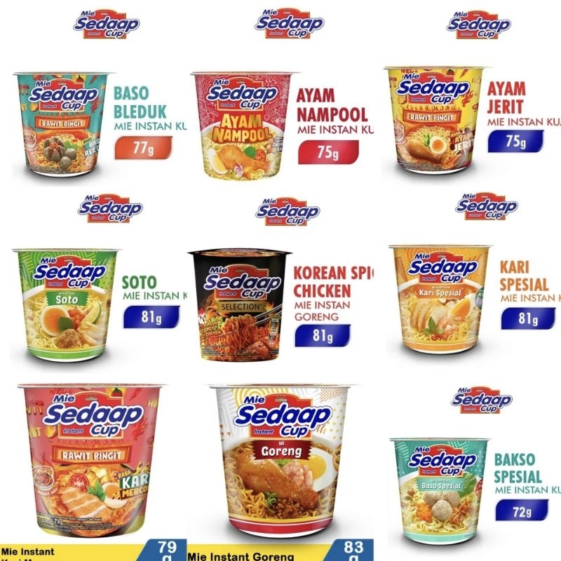 

4 pcs Pop Mie & Sedap cup ada 20 varian rasa