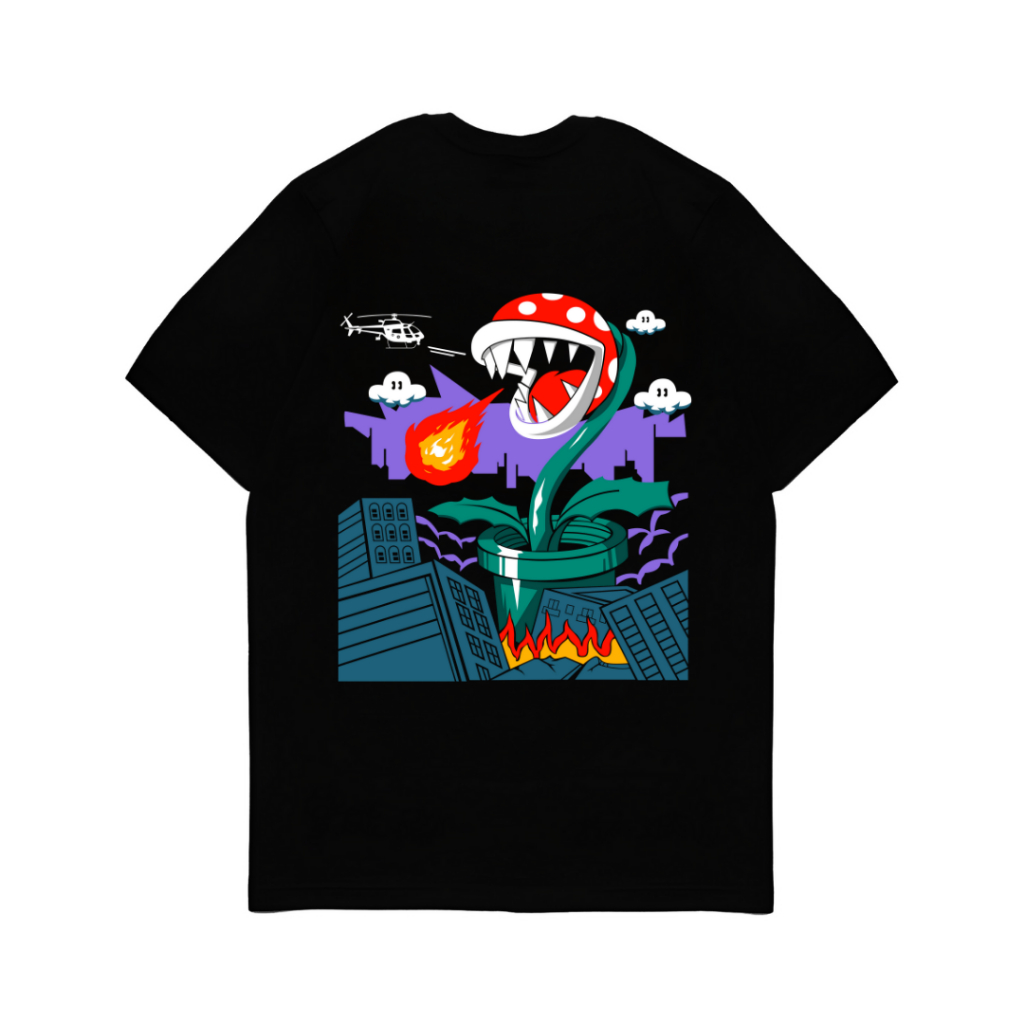 Kaos Mario Bros Piranha Plant Baju Atasan Dewasa Hitam Unisex
