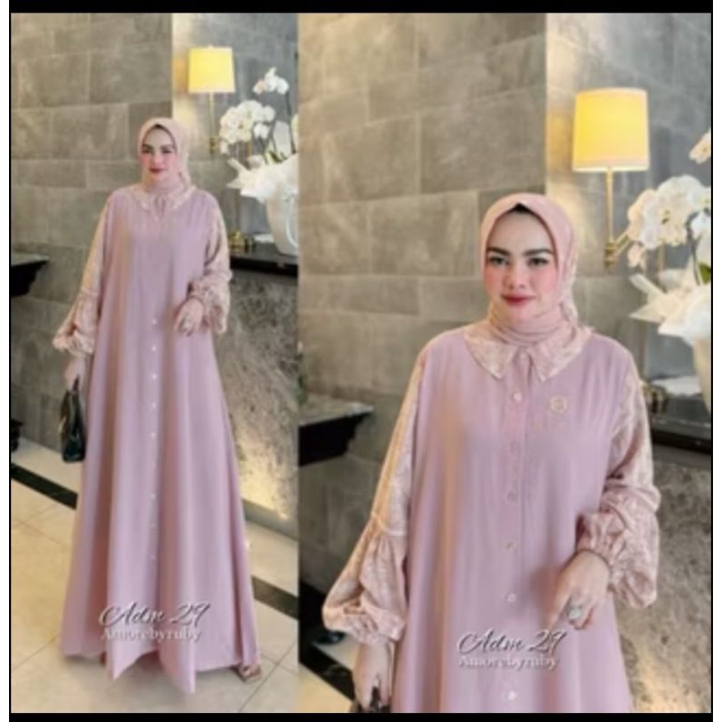 ADM 29 DRESS MUSLIM SET HIJAB LINEN CERUTY MOTIF KEKINIAN GAMIS FULL KANCING