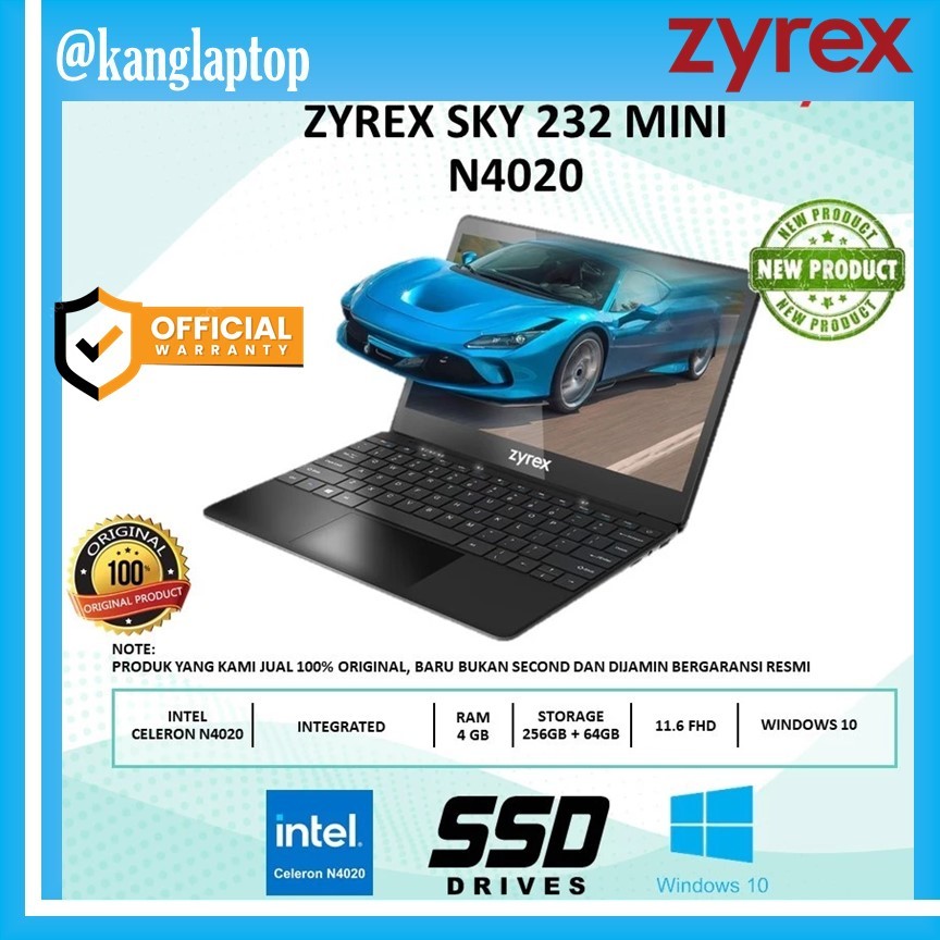 ZYREX SKY 232 MINI N4020 4GB 256GB+64GB W10 11.6FHD BT 2Y BLK 2024 - GARANSI RESMI