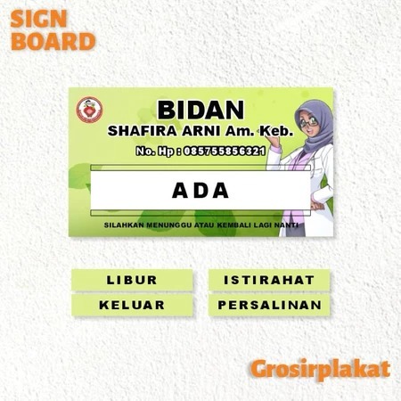 

Papan Bidan Akrilik, Papan Nama Bidan Akrilik, Custom Papan Dokter, Perawat,Dll Bahan Akrilik Free Desain
