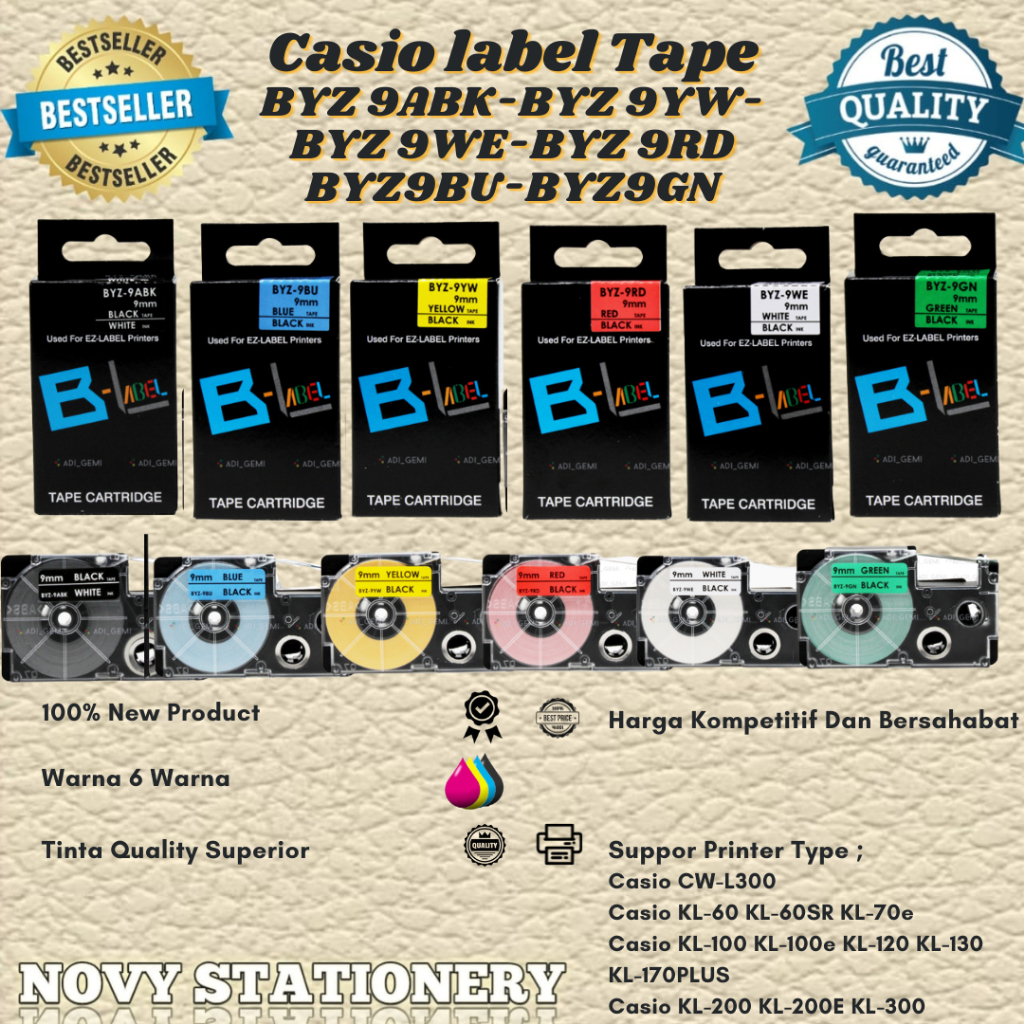 

Compatible Label Tape Casio BYZ 9ABK,BYZ 9WE, BYZ 9BU, BYZ 9YW,1 Paket - KL-60 KL-60SR