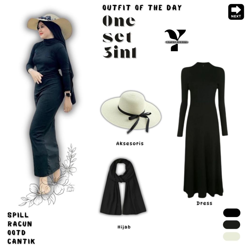 3in1 Oneset Wanita Kekinian_Outfit Pantai Dress Kekinian[ Dress + Pashmina + Topi Pantai ]YAP117