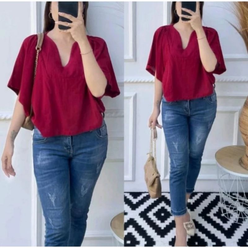 Atasan Wanita Blouse V neck Crinkle Airplow Size L XL XXL Terbaru Murah