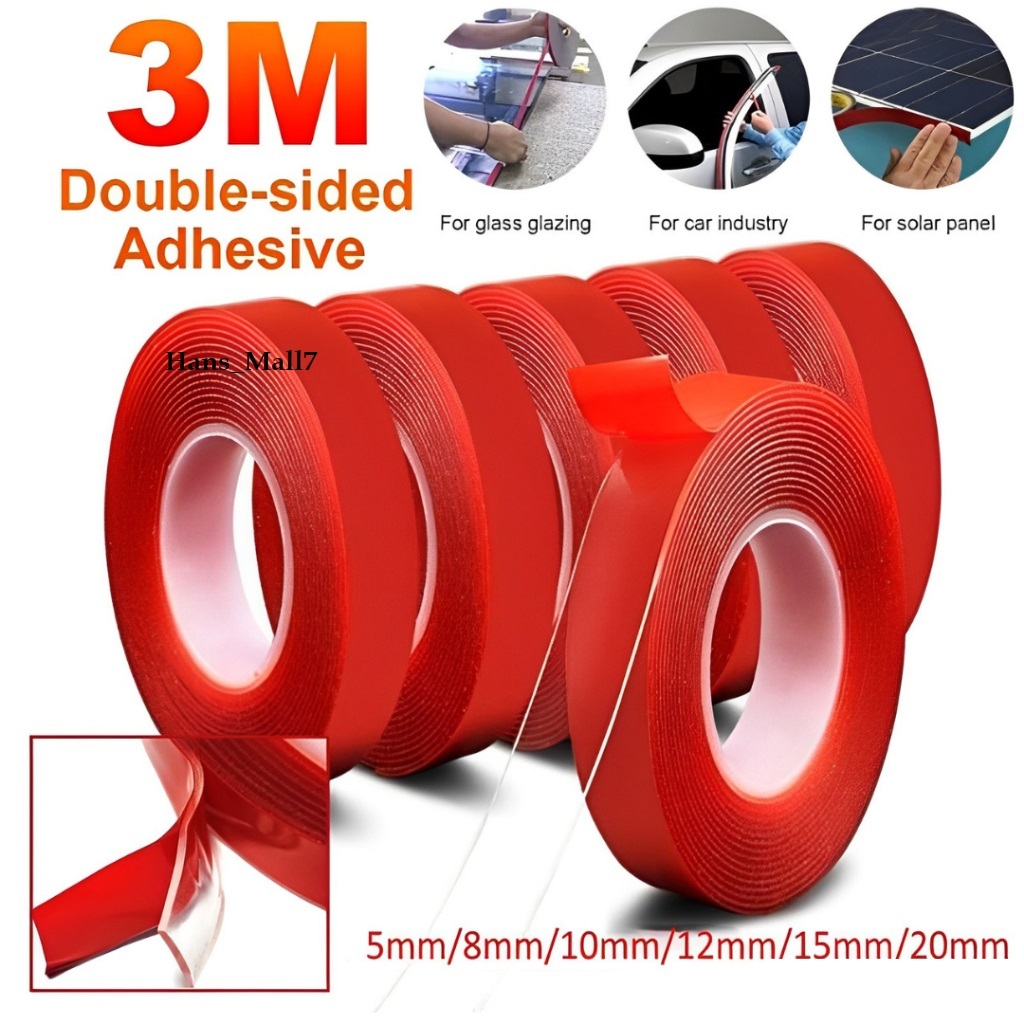 3M Double Tip "MERAH" Bening Murah Lakban Super Perekat Lengket 2 Sisi Paling Dabel Tip Clear Diamet
