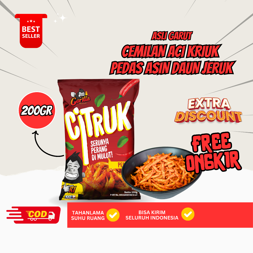 

Gorilla Citruk Pedas Asin 200g - Makanan Ringan Pedas Rasa Daun Jeruk