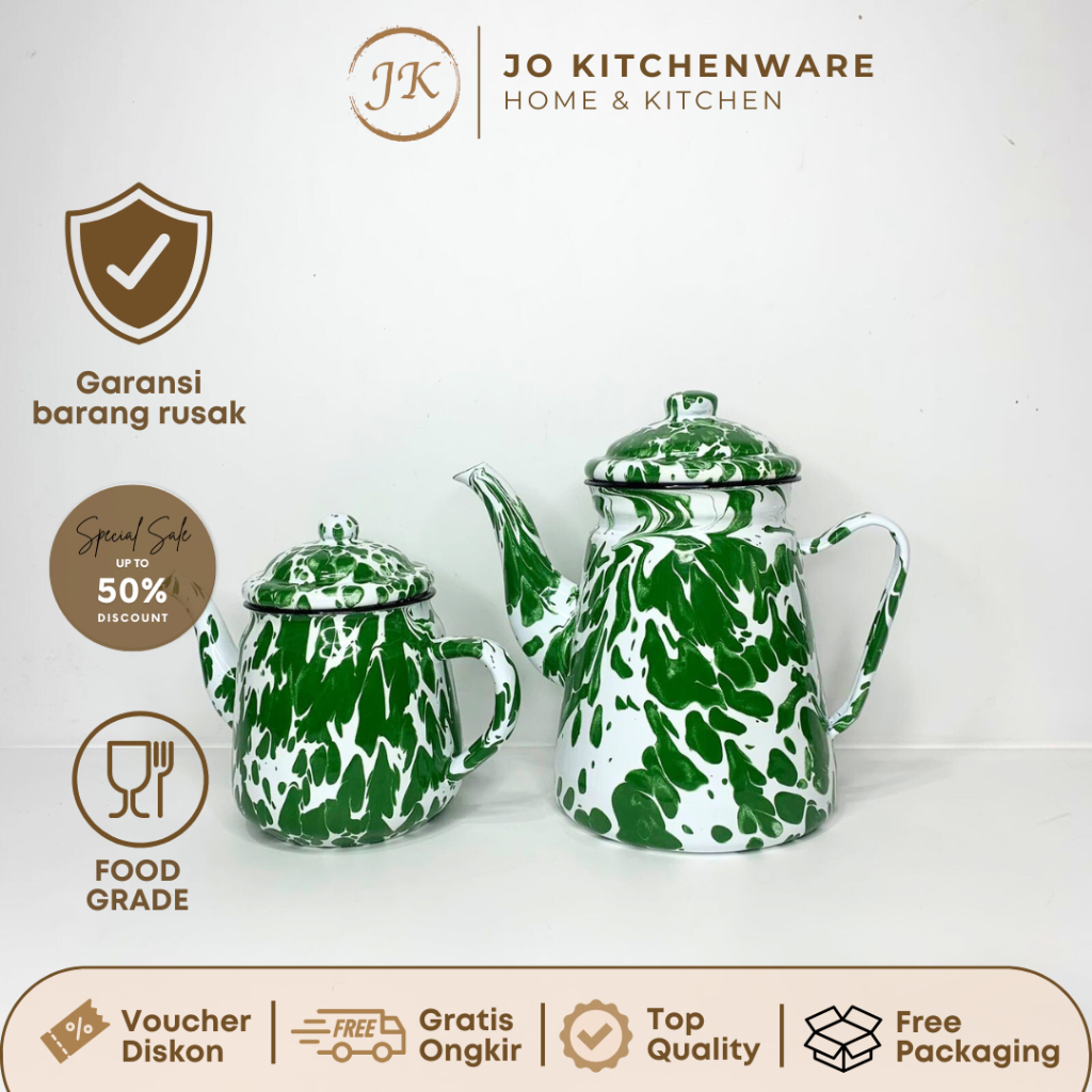 Teko Enamel Jadoel Motif Blirik Hijau Unik aesthetic antik 1.8L 0.85L Teko enamel seng premium
