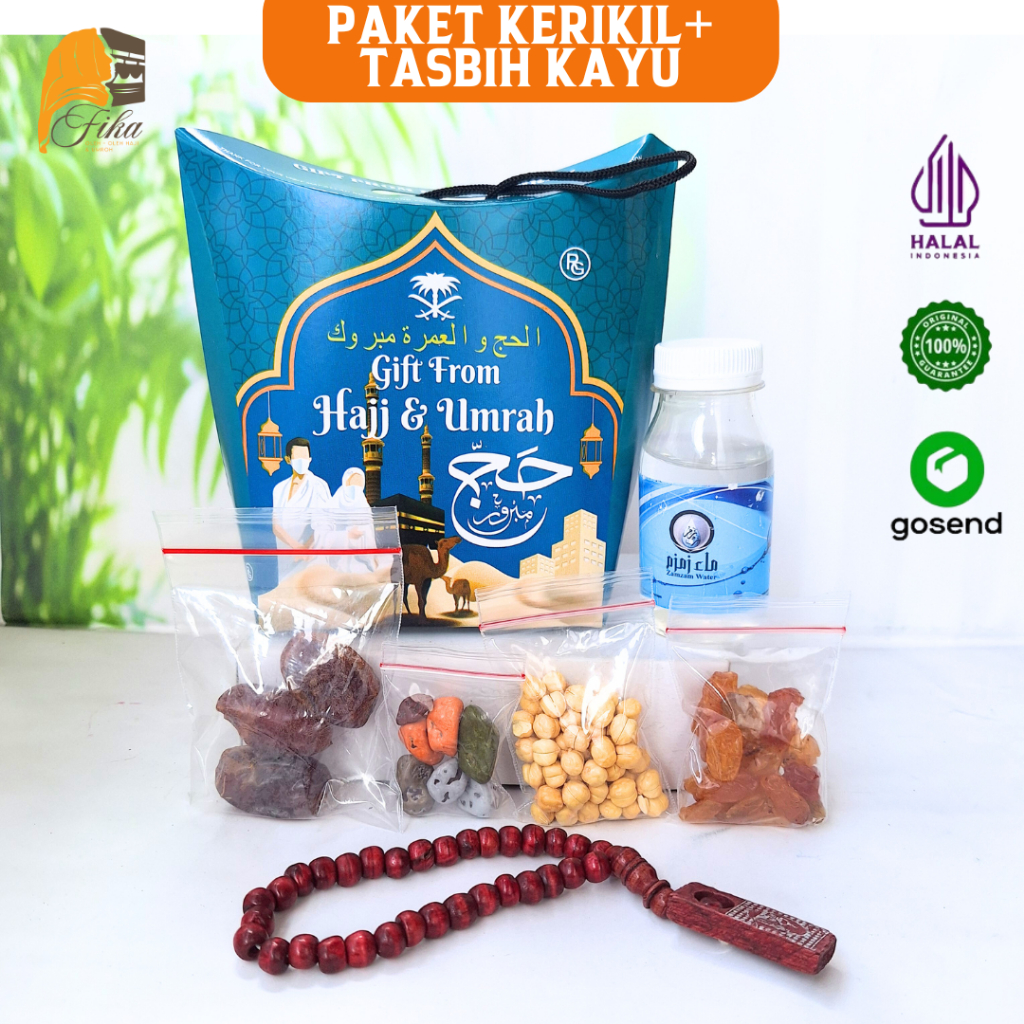 

Paket Oleh Oleh Umroh dan Haji Tas Hampers isi Air Zamzam 60ml Coklat Kerikil Tasbih Kayu