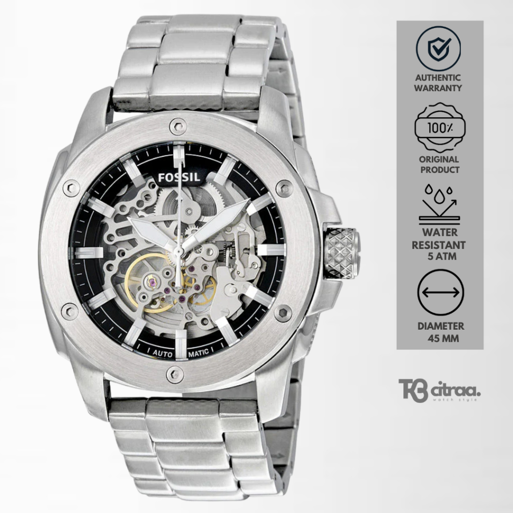 Jam Tangan Fossil Machine Automatic Pria Silver Stainless Steel Mewah Sporty Original ME3081