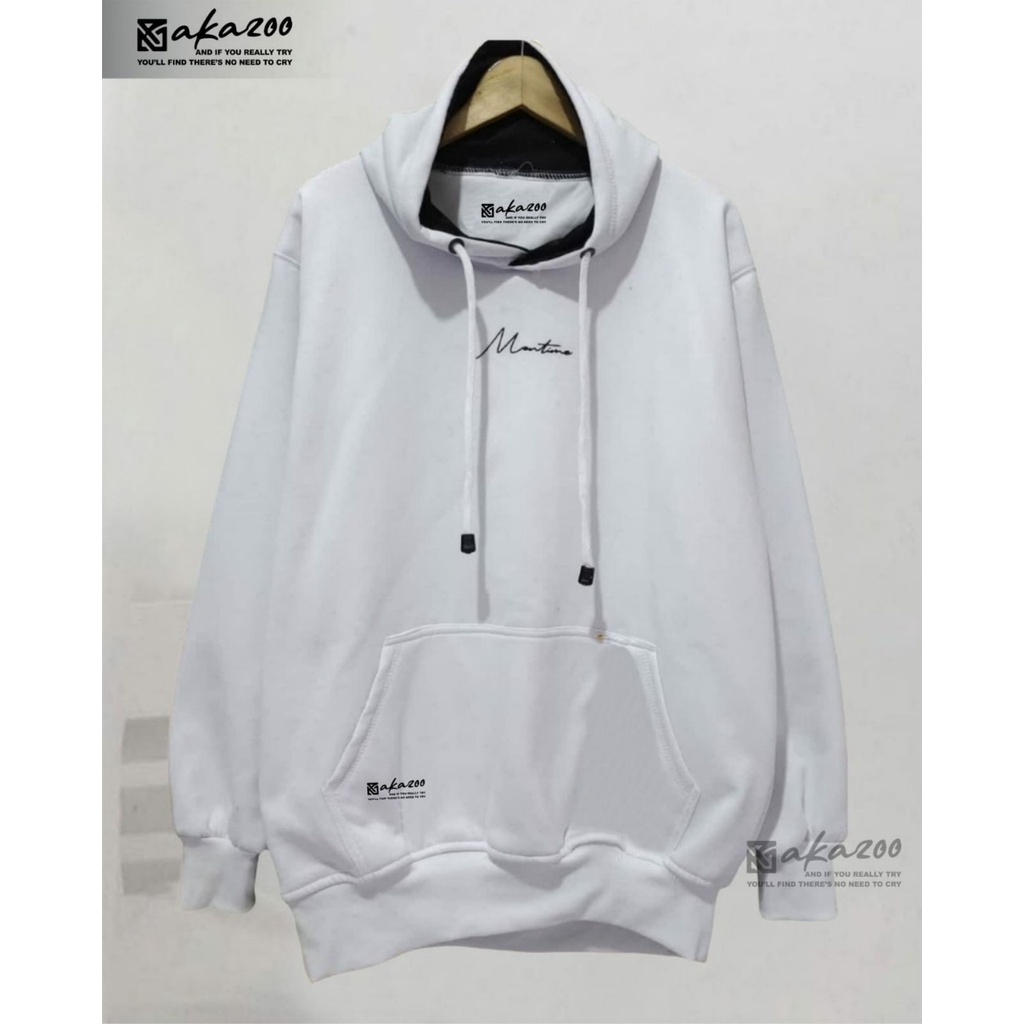 sweater pria sweater cowok distro AKAZOO warna putih MANTIME sablon hitam unisex premium