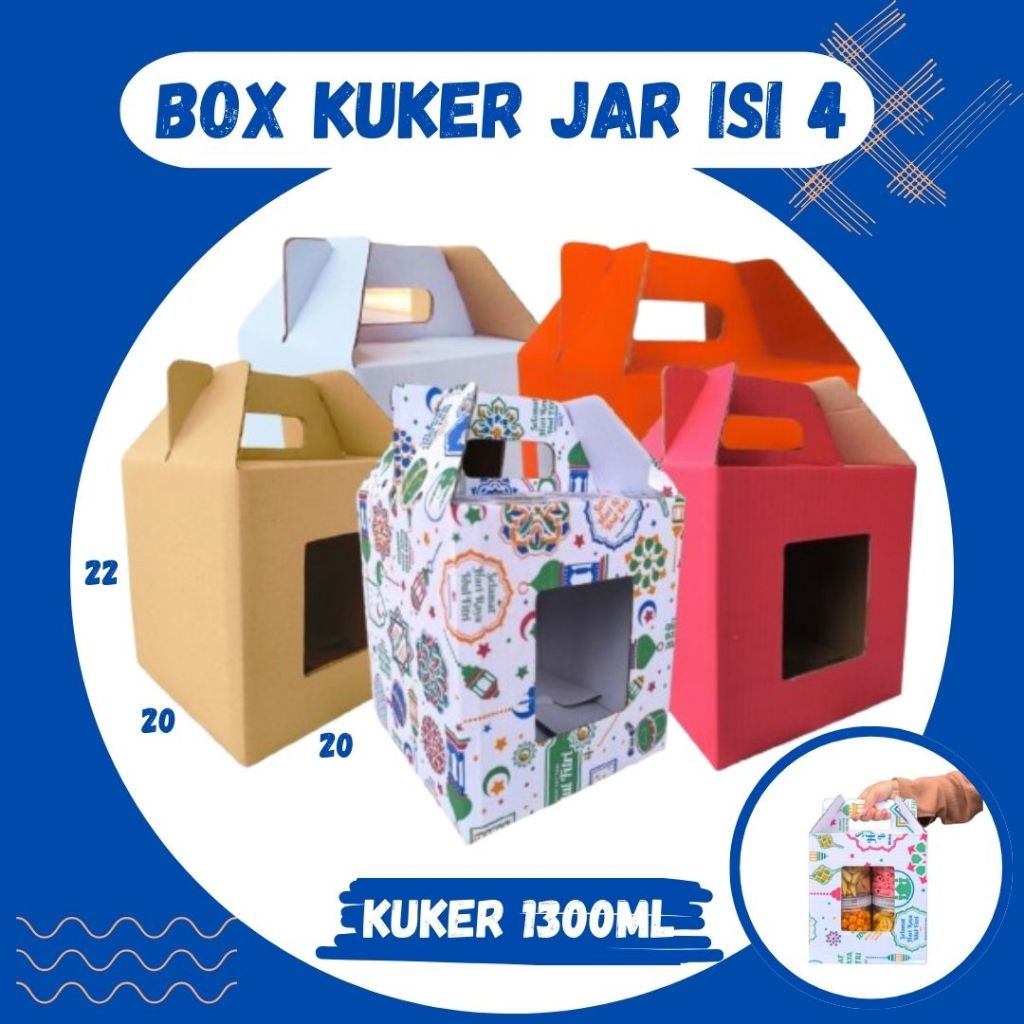 

Box 20x20x22 Jinjing (KUKER TOPLES JAR 1300ml ISI 4) Kardus Idul Fitri Lebaran Hampers/Ied Mubarak/Box Boneka/Hampers Kue Kering