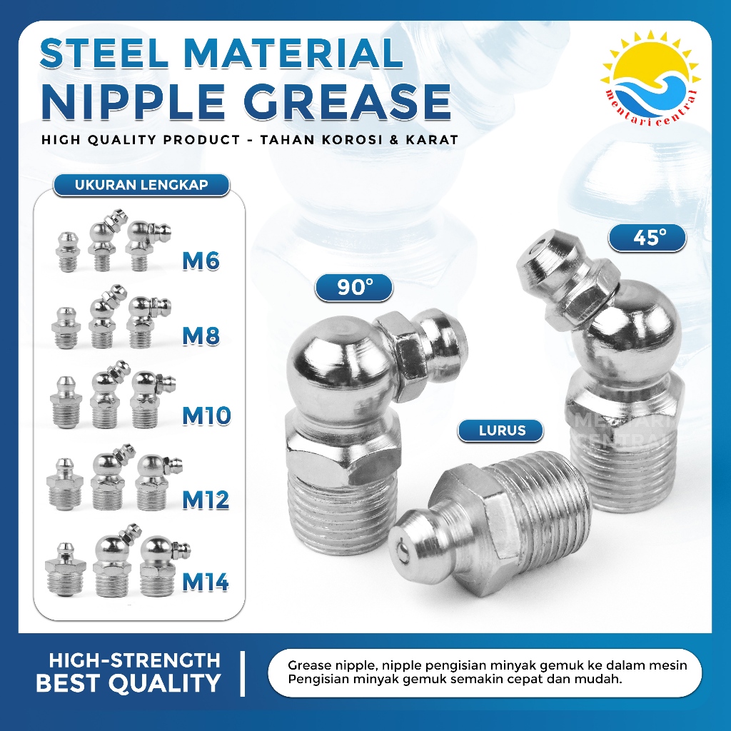 NIPPLE GREASE STEEL CRHOME 6MM 8MM 10MM 12MM 14MM NEPEL LURUS/45°/90°