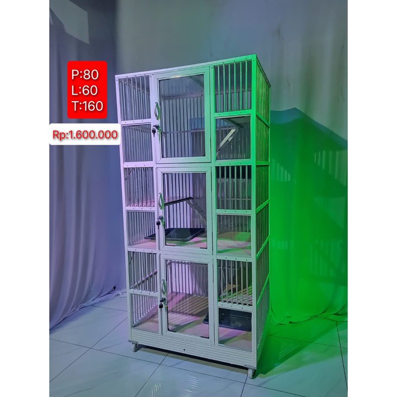 kandang kucing alumunium 3 kamar tingkat besar warna silver