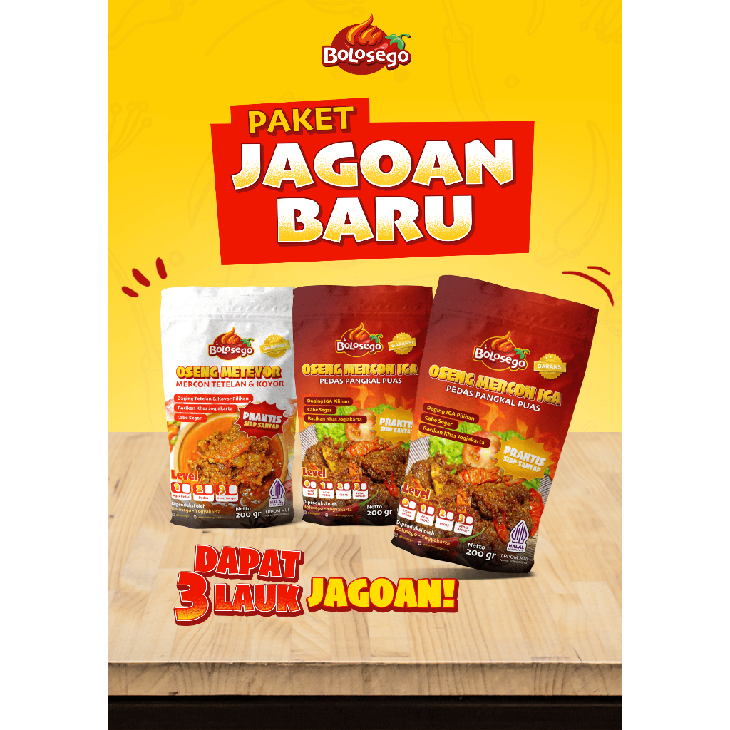 

PAKET JAGOAN BARU (2 PACK OSENG IGA MERCON + 1 PACK OSENG METEYOR) BOLOSEGO PEDAS