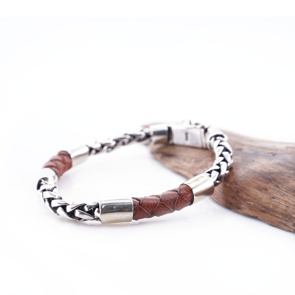 Gelang Pria Perak Asli 925 Silver Leather Coklat Jalin Padi Brown