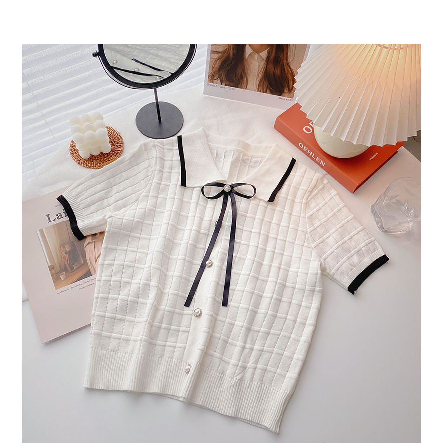 [Hallyu] Collar Neck Rajut Lengan Pendek Atasan Wanita Tali Pita Kancing Knit Premium | Baju Rajut W