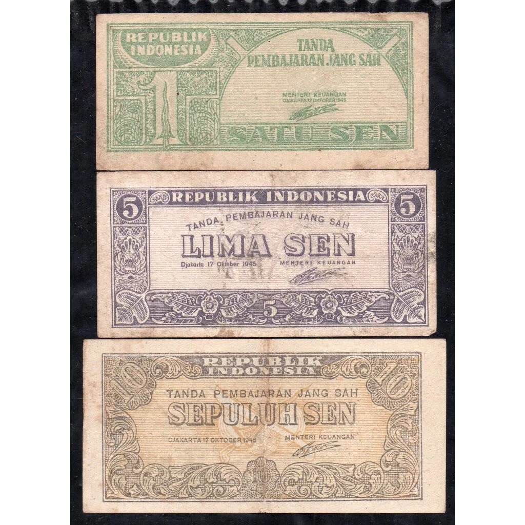 Set 3 Lembar 1 5 10 Sen Kertas Indonesia lama Tahun 1945 Asli Ready