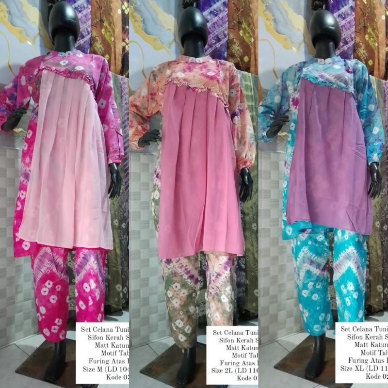 SetCelana Tunik Sifon Rempel Jumputan Handmade