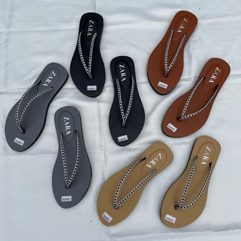 Sandal Flat Wanita Dewasa Tali Jepit Double Mutiara Kekinian Sandal Permata Zara