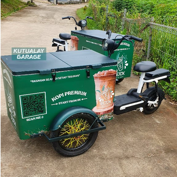 Custom Gerobak Sepeda Listrik untuk Kopi Keliling Es Starling Makanan Minuman Bahan Plat Besi Kokoh