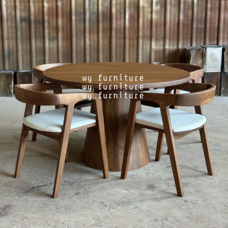 set meja makan bulat minimalis kayu jati, meja makan 4 kursi kayu jati, meja makan murah kayu jati