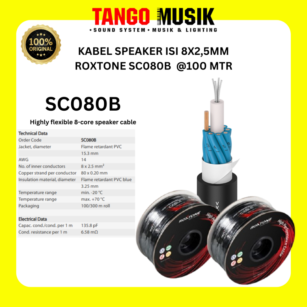 KABEL SPEAKER ISI 8X2,5MM ROXTONE SC080B @100 MTR (HARGA 1 ROLL) Kabel Speaker Crimson 8X2.5 / 8 X 2